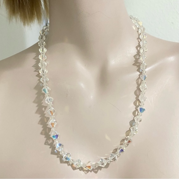 Vintage Clear Aurora Borealis AB Crystal  Diamond-shaped Beaded Necklace - Picture 3 of 11